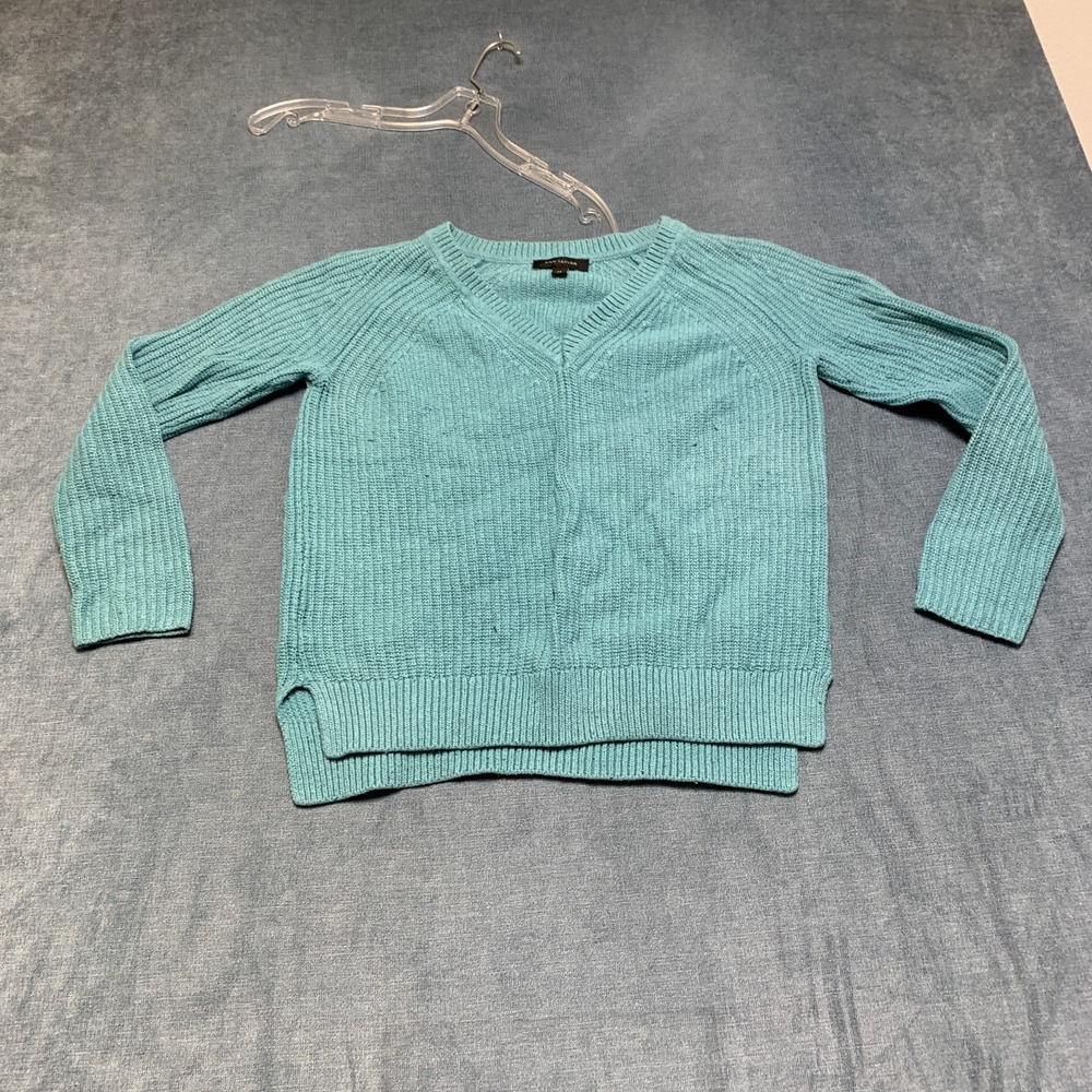 Ann Taylor Sweater Womens Medium Aqua Ribbed Knit V Neck Side Slit Long Sleeve